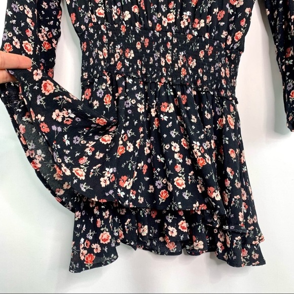 Rails Romee Floral Print Long Sleeve Mini Dress Pink Rose Smocked Tie Neck Sz S - Picture 8 of 10